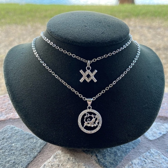 βοΈ AQUARIUS zodiac sign double layer stainless steel & cubic zirconia necklace - Picture 11 of 13